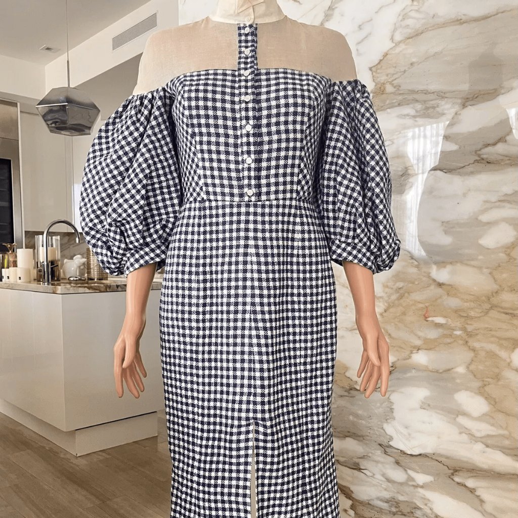 Natasha Zinko Women's Checkered Midi Dress Puff Sleeve